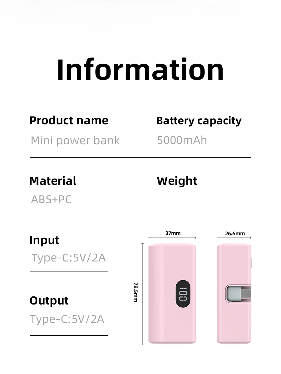 3.6V5Ah Mini Pocket Power Bank with Hidden Type-C, LED Display & Multi-Fast Charging Protocols