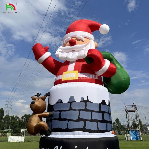 20FT 26ft 33ft Inflatable Santa Claus In Chimney With Reindeer Outdoor Christmas Decoration Blow Up Santa Claus