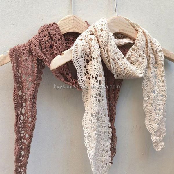 Y-Z Cotton and Linen Flower Lace Hollowed Triangle Embroidery Knitting Elegant Womens Scarf Shawl
