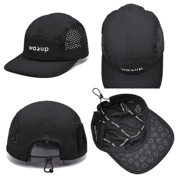 5 Panel Camper Hat with Sports Mesh Sweatband and Flat Brim Shape Laser Cutting Panel