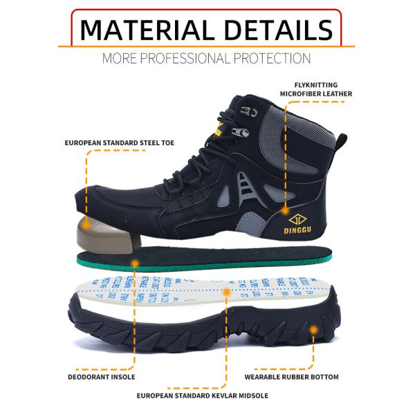 Chaussures de sécurité en cuir en microfibre volante en tricot, chaussures de sécurité à semelle moyenne en Kevlar, chaussures de sécurité en acier, chaussures de travail en caoutchouc