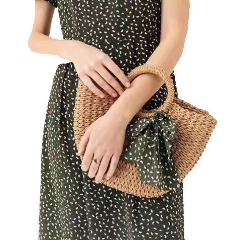 Brown Corn Skin Crochet Hand Bag Small With Green Scarf Bow Woven ODM