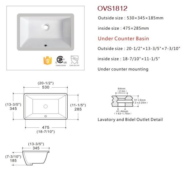 Smooth Polished Surface Undermount Wash Basin Rectangular Shape