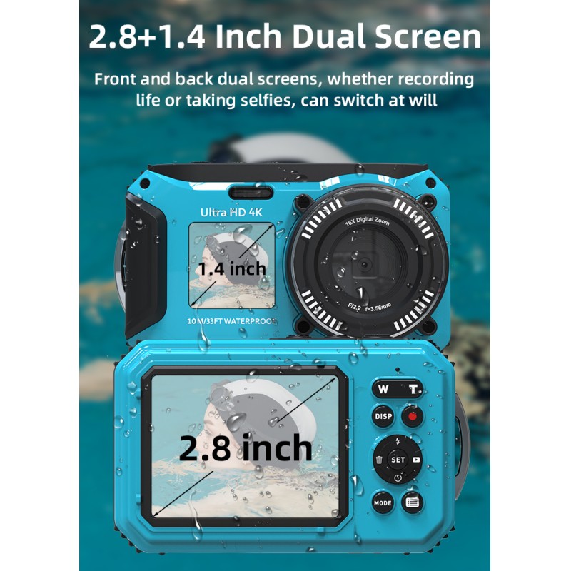 Vintage 4K 56MP Waterproof Digital Camera Dual Screen Anti Shake 16X Zoom LED Light for Swimming and Diving