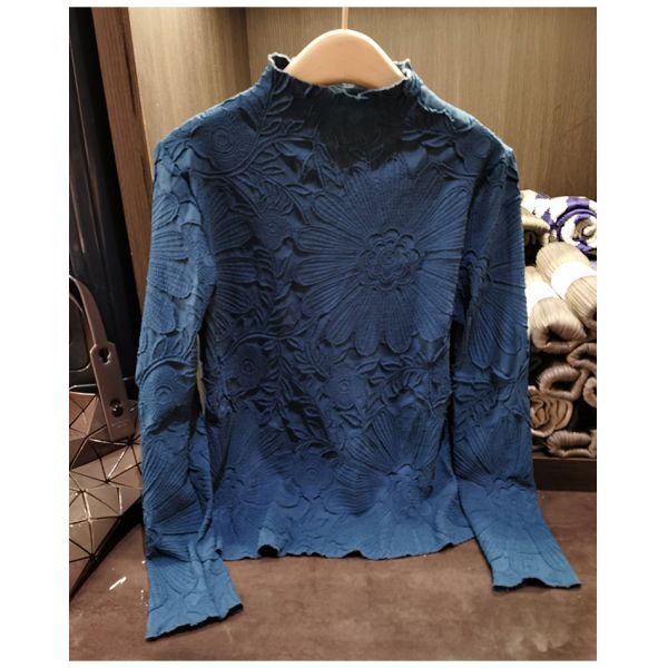 Japanese Pleated Stand Collar Long Sleeve T-shirt Top Printed Pleated Embodying Pleated Process Makes Flower Fashionable