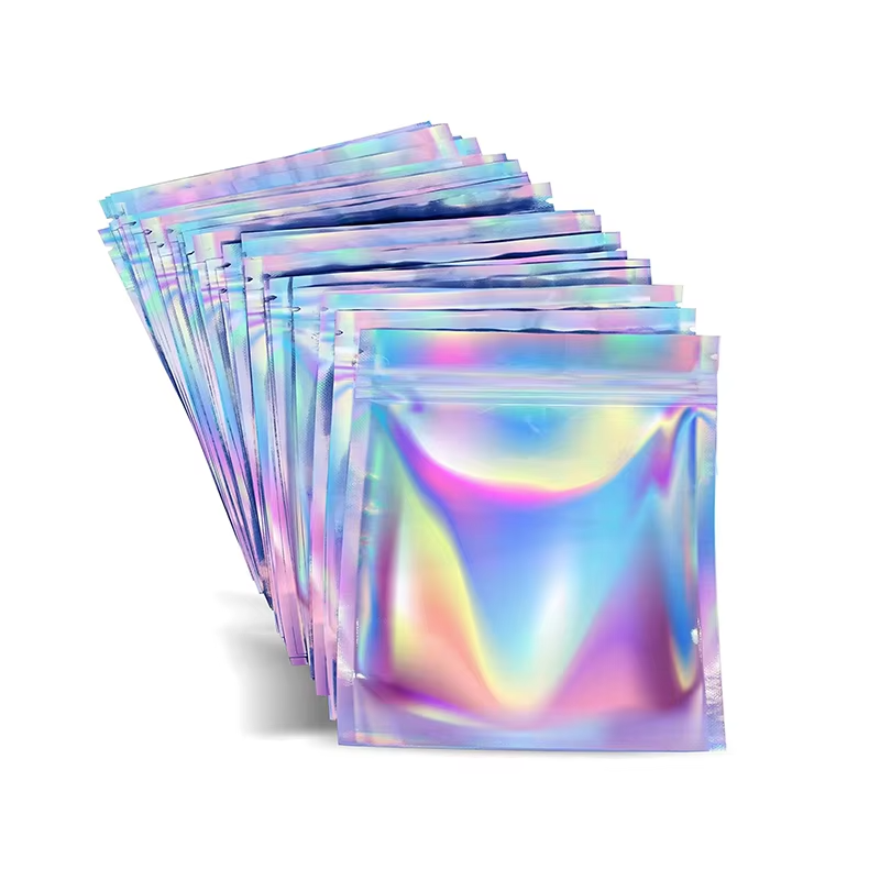 Factory Customized Rainbow Color Flat Dust Resistant Plastic Clear Laser Holographic Zipper Bag Mylar Bag