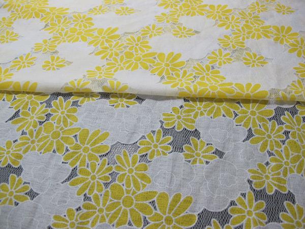 Floral Yellow / Orange Polyester Lace Fabric Cotton Two Tone Burnout Lace