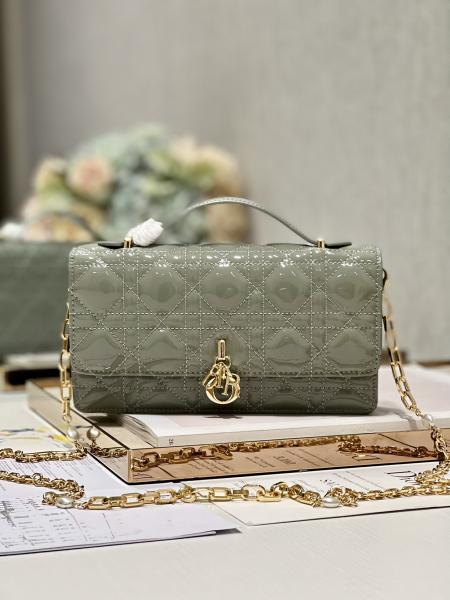 Branded Lady Dior Patent Clutch Small Pearl Black Flip Closure