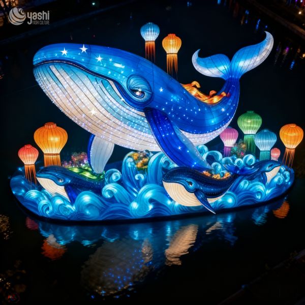 Lanternes décoratives pour parc à thème zoo, lanterne famille baleine bleue, lanternes décoratives scène aquatique nocturne