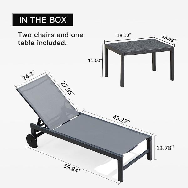 Outdoor Lounge Chair Set Aluminum Patio Chaise Lounger Side Table and Pillow Outside Pool Beach Sunbathing Tann