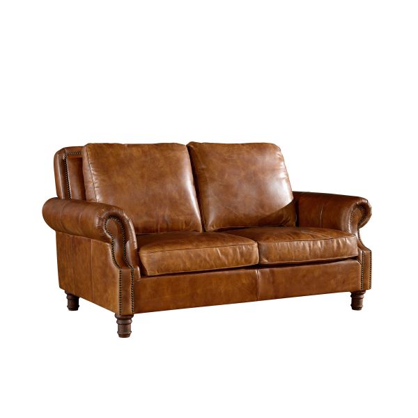 Retro Crack 2 Seater Chocolate Brown Leather Sofa Brass Nails Full Handwork Craft