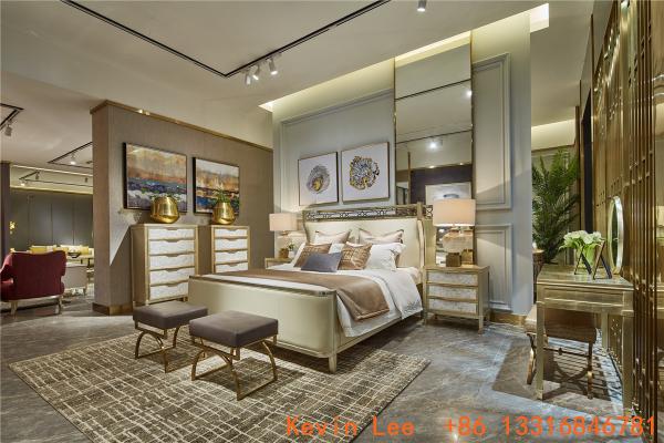 Light luxury bedroom furniture by Stainless steel decoration King Bed with Upholstered headboard and Beck Nightstand
