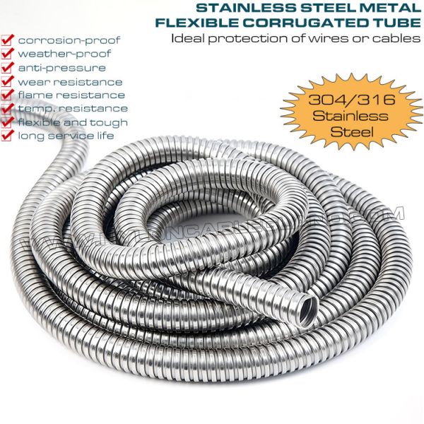 304/316 Stainless Steel Flexible Corrugated Conduit DN20 (Ø20mm x Ø24.3mm) 50M/Reel for Protecting Wires or Cables 304/316 Stainless Steel Flexible Corrugated Conduit DN20 (Ø20mm x Ø24.3mm) 50M/Reel for Protecting Wires or Cables