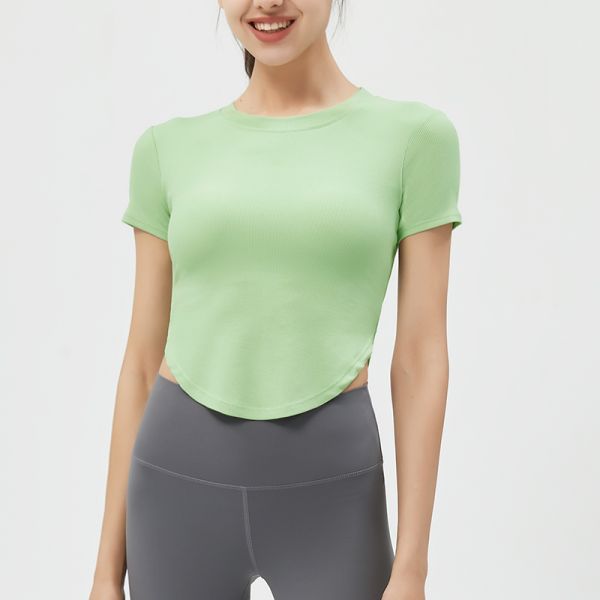 Ribbed Short Sleeve Women Activewear Tops Cropped Slim Fit Royal Blue