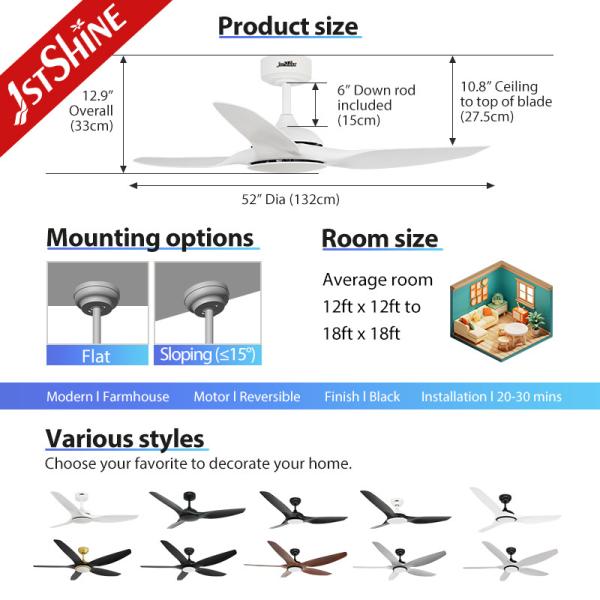 Ventilador de teto branco de 52 polegadas sem luz ABS Blade Smart APP Control