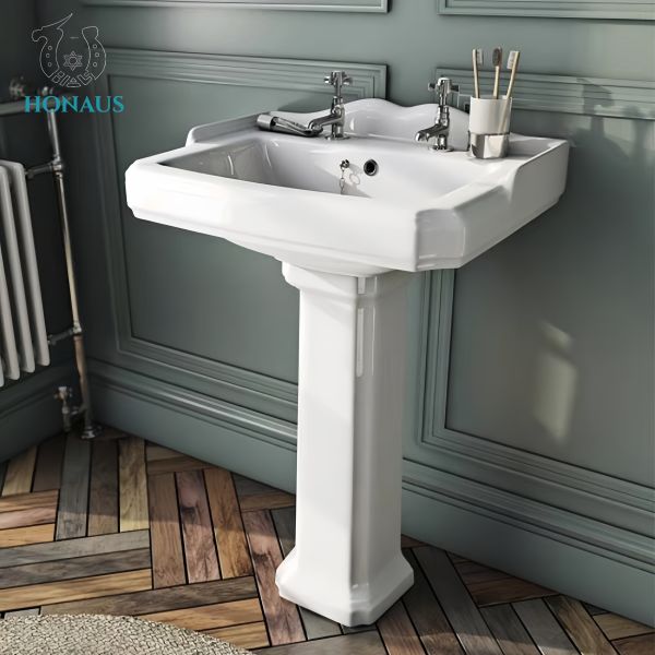 Classic Bathroom Full Pedestal Wash Basin High Temp Burned Ceramic White Retro Style