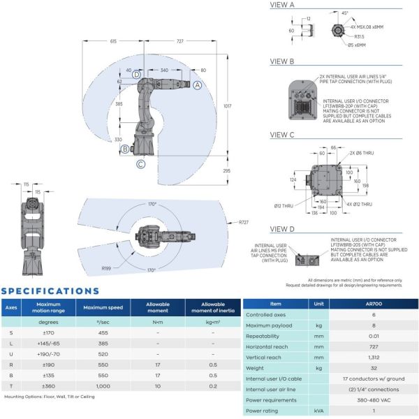 Заваривательный робот Yaskawa 6-осевой 8кг Достижение 727 мм AR700 1 КВА Интегрированный с Lincoln сварной машины