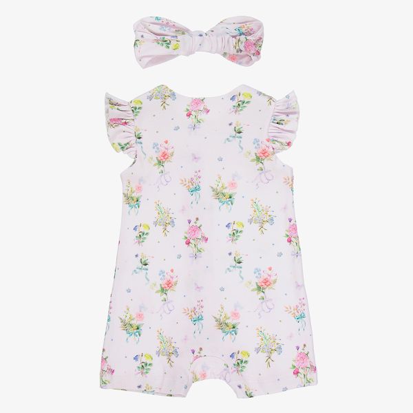 2pcs Sets Baby Cute Casual Summer Breathable Allover Flower Printed Falbala Sleeve Baby Jumpsuit