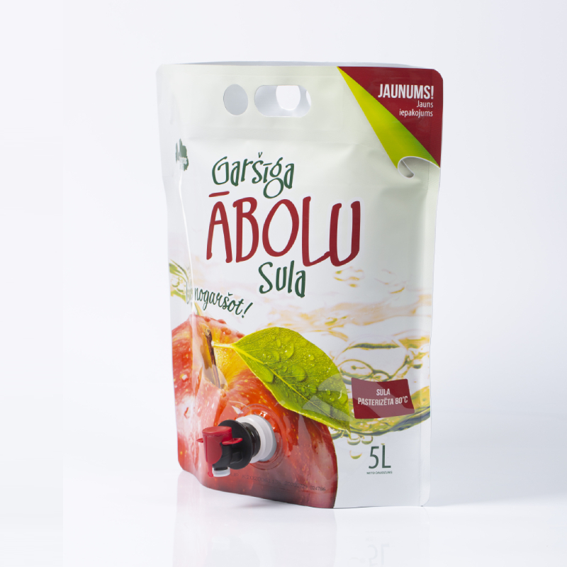 Custom Printed 5L Stand‑up BIB Bag‑in‑Box Pouch with Butterfly Tap & Die Cut Handle for Apple Fruit Juice Beverage Packaging