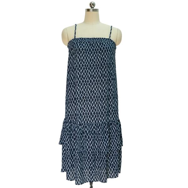 Navy Diamond Print Tiered Ruffled Hem Midi Dress with Lightweight Fabric and Spaghetti Straps