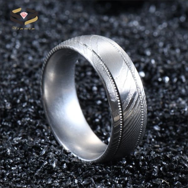 8mm Damascus Steel Men's Wedding Band with Double Gear Groove and Customer's Logo