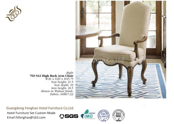 Elegant French Style High Back Dining Chairs Cream Walnut Fabric With Armrest