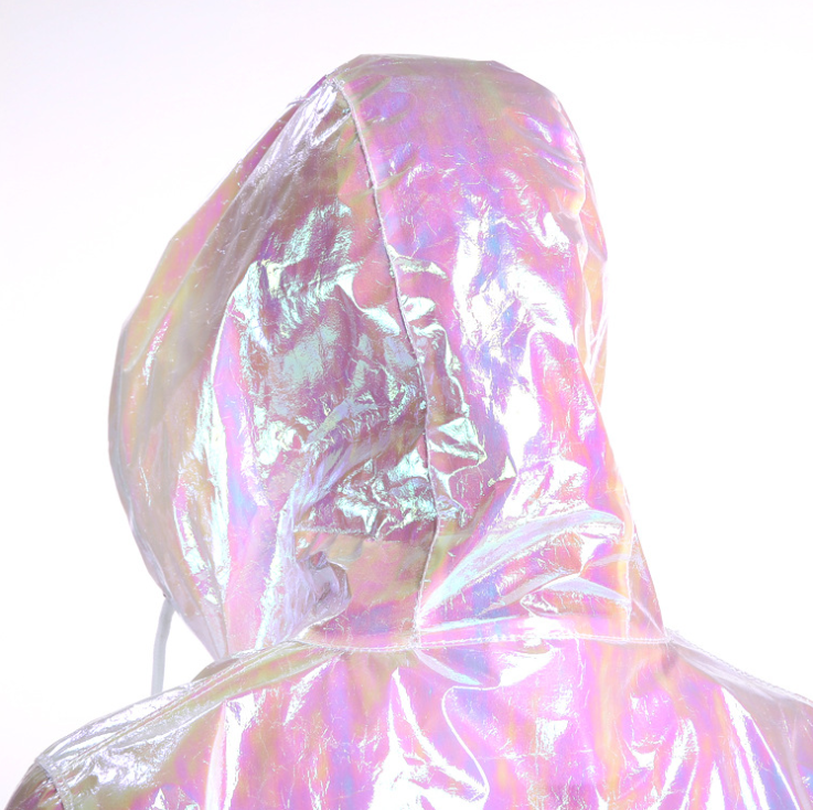 Wholesales fashion design metallic women holographic rain coat