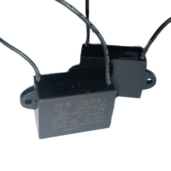 CBB61 450V 6.0mfd 100 Line Length Ceiling Fan Capacitor Plastic Triangles With Locating Holes Are On Both Sides