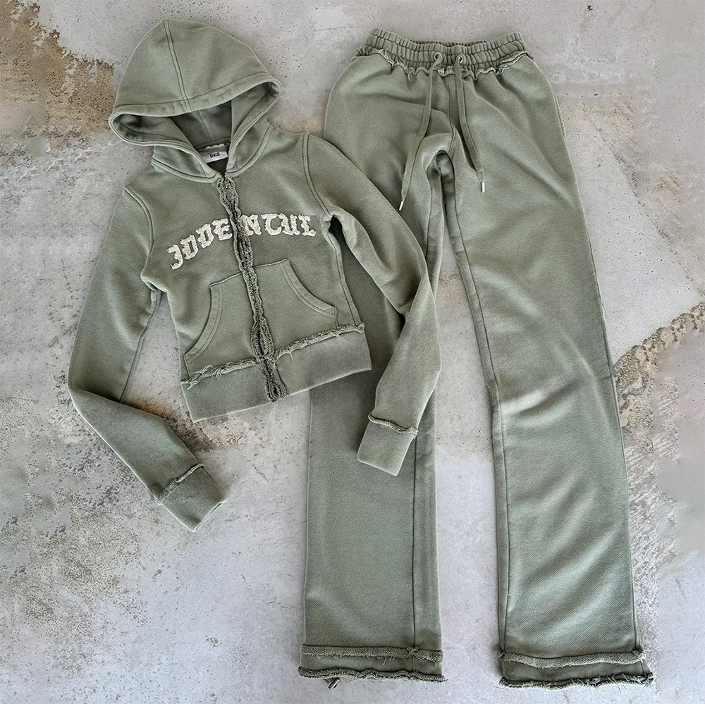 Custom Embroidered Acid Wash Tracksuits for Women 100% Cotton Flared Sweatpants and Hoodie Set