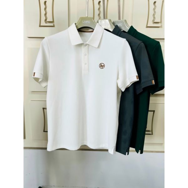 Premium Men Polo Collection | White/Grey/Green Contrast Cuff Trim Exquisite Embroidery