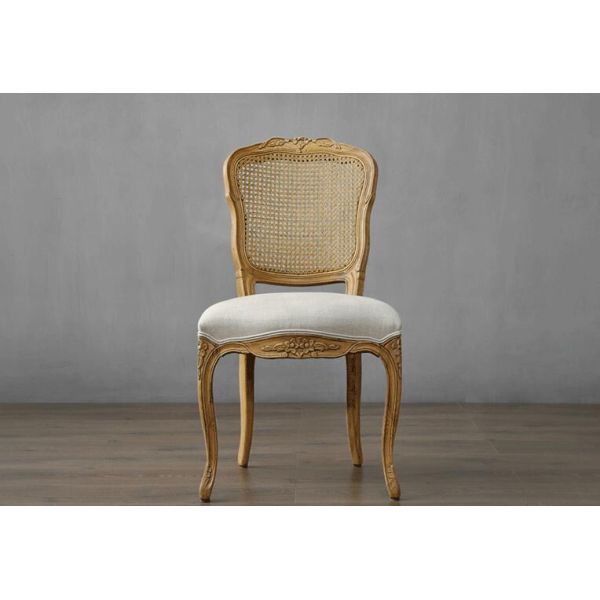 Louis french style rattan back chair wood carved upholstered dining chair with linen fabric