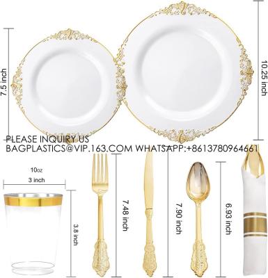 Gold Disposable Plates For 100 Guests, Plastic Plates For Party, Dinnerware Set Of Dinner Plates, Salad Plates