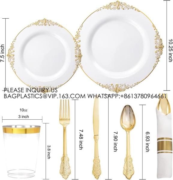 Gold Disposable Plates For 100 Guests, Plastic Plates For Party, Dinnerware Set Of Dinner Plates, Salad Plates