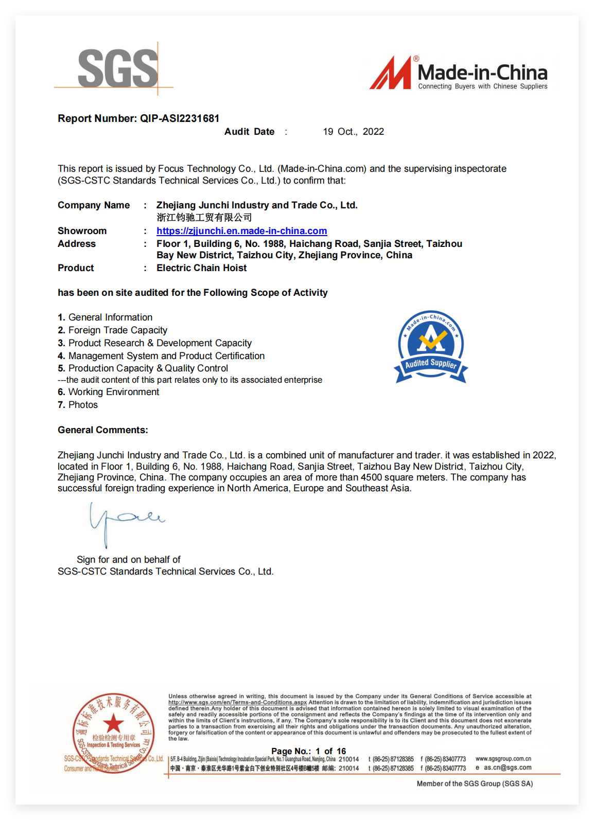 Zhejiang Junchi Machinery Co., Ltd Certifications