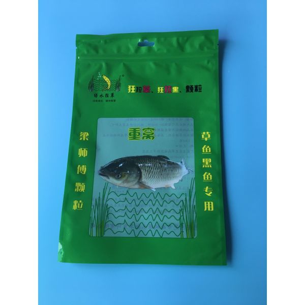 Custom Printed Green 3 Sided Sealed Composite Fish Bag With Transparent Window In Front