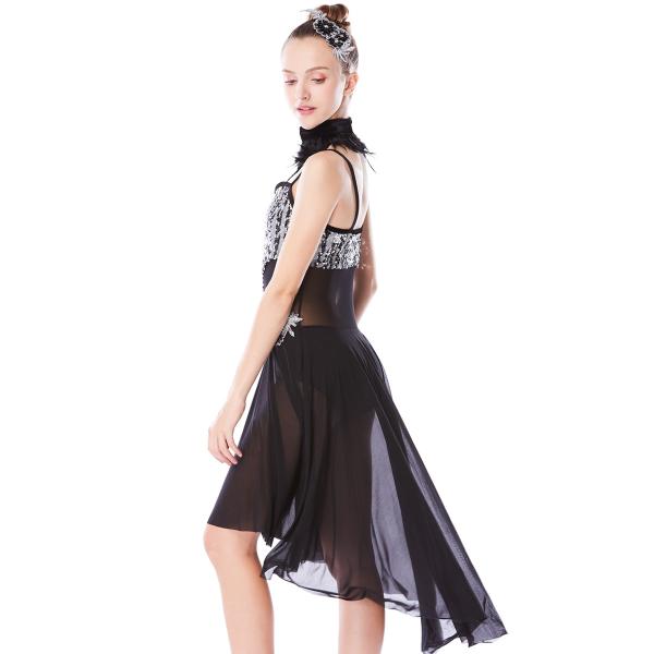 MiDee Lyrical Dress Modern Dance Costumes Heavy Sequins Silver/Back With Feather Neck Wear For Solo Performance