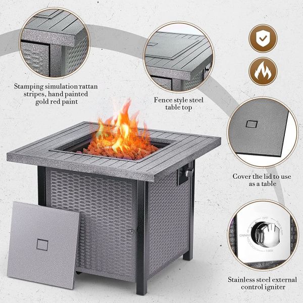 Square 50,000 BTU Self-Ignition Propane Outdoor Natural Gas Firepit Silver Gray
