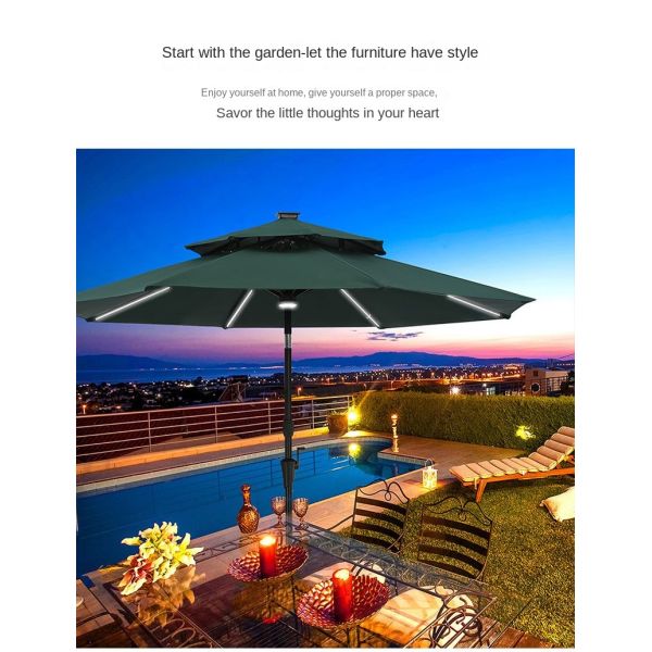 Resort Sunshade Umbrella White LED Light Centre Pole Circular Rotatable Parasol