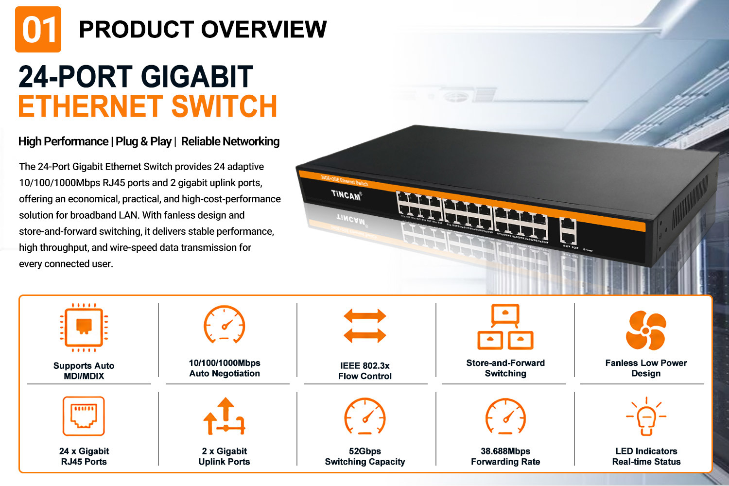 26 Port Gigabit Ethernet Switch 24 x Gigabit RJ45 Ports + 2 x Gigabit Uplink Ports 1U Rack Mount Unmanaged Network Switch TBC-S5024U-2G
