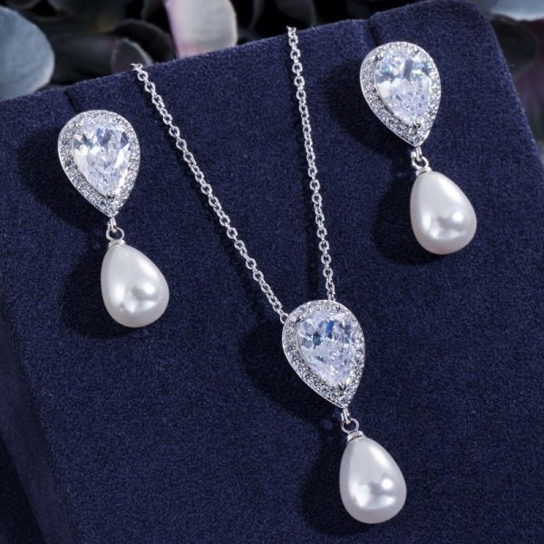 Ladies Luxury CZ Zircon Bridal Wedding Jewelry Sets Exquisite Necklace Earring Set Jewelry For Women