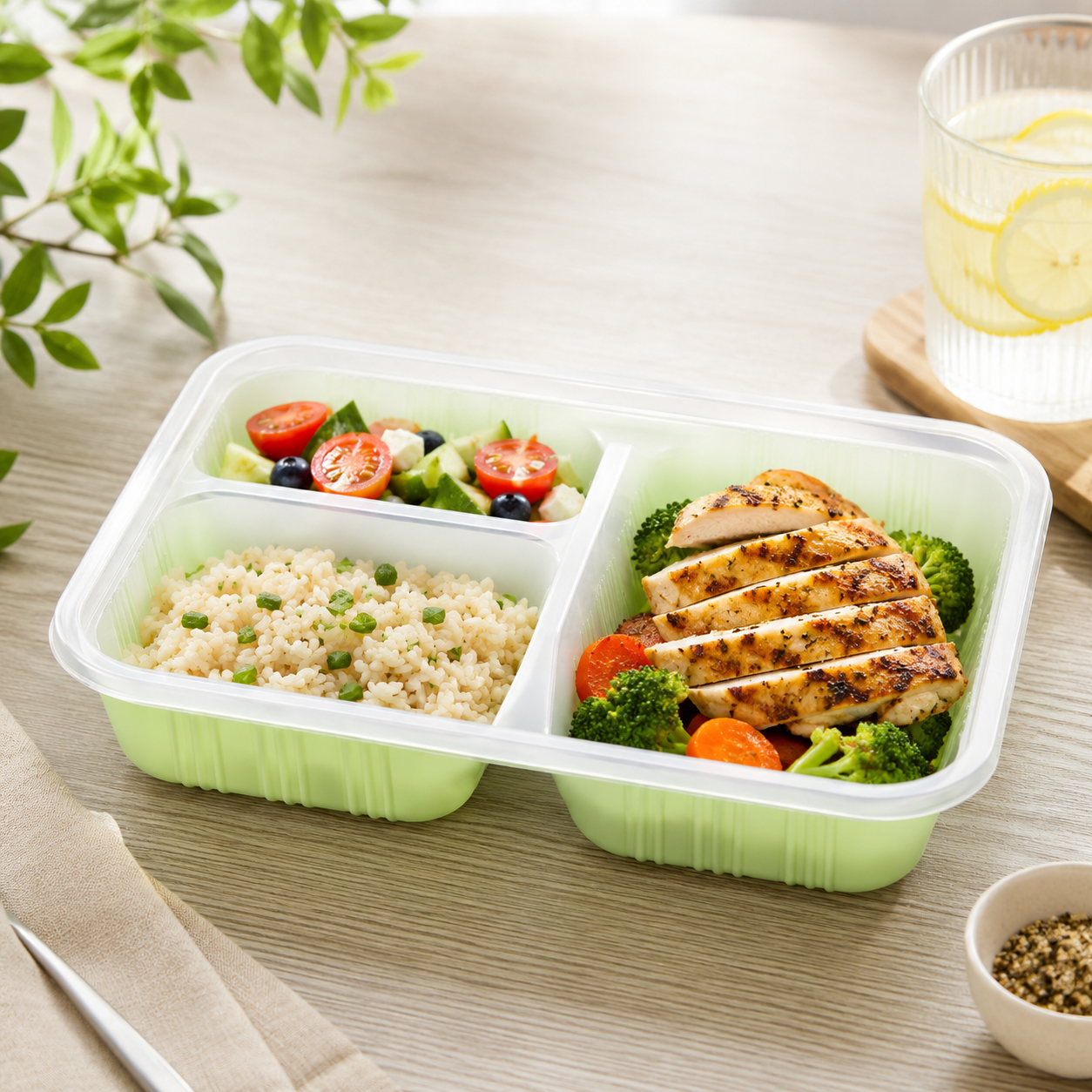 Healthy Meals PP Three Compartment Lunch Box Green with Clear Lid