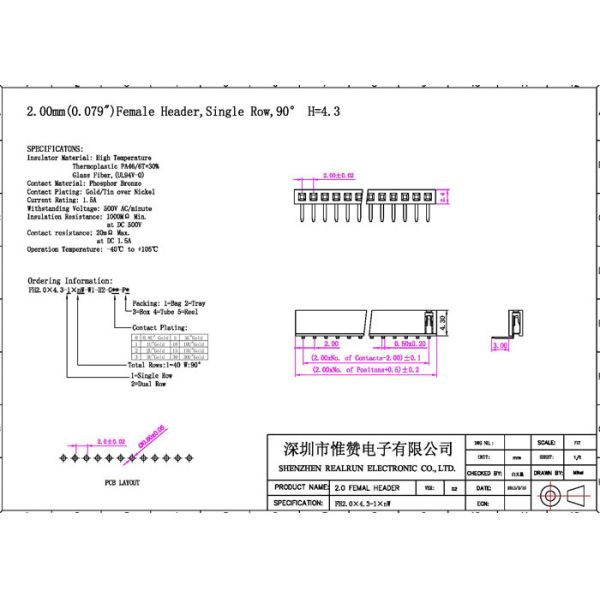 90 Degree SMT Female Header Connector Single Row Black 2.0mm Through Hole