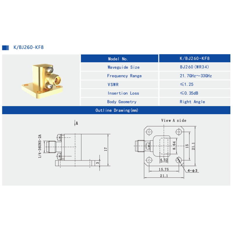 Waveguide to Coaxial Adapter with Waveguide Port as WR90，WR75, WR60, WR51, WR42, WR34, WR28, WR22, WR19, WR15, WR12, WR10, WRD750, WRD650, WRD500, WRD180 from 6.5GHZ to 145GHz