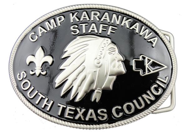 Customized Zinc Alloy 3D CAMP Karankawa Staff Belt Buckle with Soft Enamel, Misty Nickel Plating