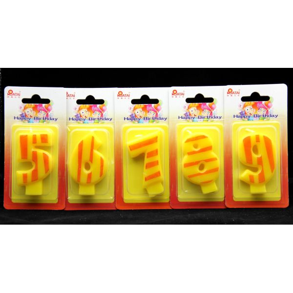 Number Birthday Candles 0-9 Yellow Candle  with Orange color Stripe Painting