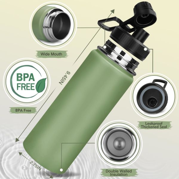 32 OZ Bouteille d'eau isolée Violet Grand métal isolée en acier inoxydable Bouteille d'eau de sport grande Bouteille d'eau de voyage avec 2 couvercles Bouteille thermique isolée