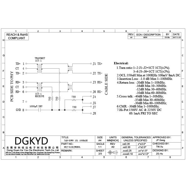Cric de logement bleu de LAN RJ45 de haute performance avec le transformateur, KRJ -015DJWDBNL