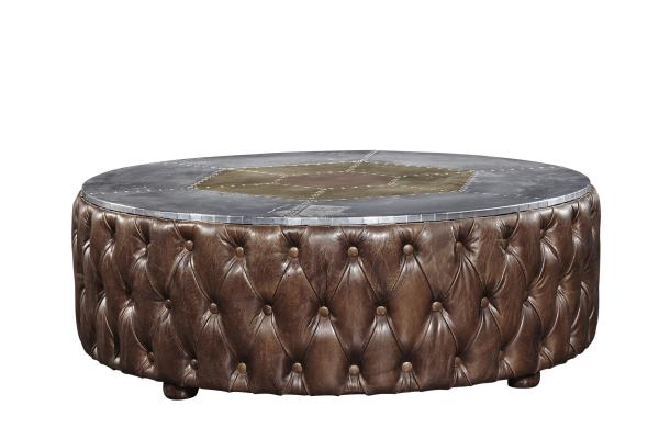 Round Shape Vintage Retro Side Coffee Table Top Genuine Leather Buttons Decoration