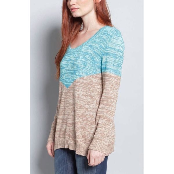 WOMEN'S 100% COTTON COLOR BLOCK SLUB YARN SWEATER