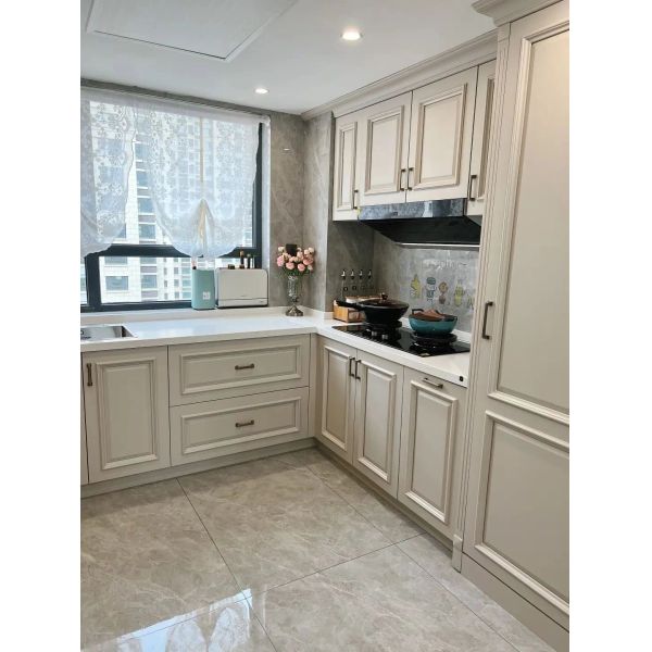 Wood Grain Laminate And White Finish Color Mixed Kitchen Cabinet